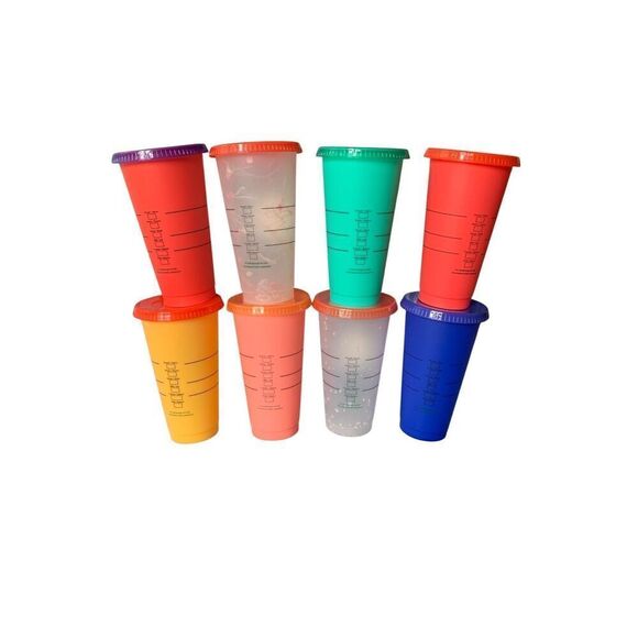NEW 8 Starbucks Plastic Reusable LOGO Color Changing Cold Cup & LIDS 24 Oz SET - Picture 2 of 4